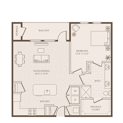 Elegant floor plan featuring a spacious bedroom, open-concept living and dining area, modern kitchen, and private balcony, ideal for comfortable living.