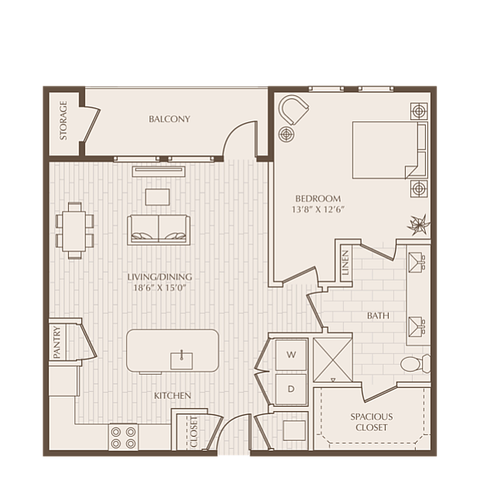 Modern floor plan featuring a spacious open-concept living and dining area, a large kitchen, one bedroom, a bathroom, generous closet space, and a private balcony with storage.