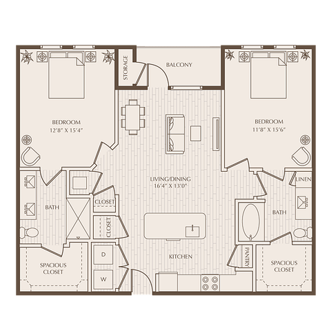 Modern floor plan showcasing a spacious living/dining area, two bedrooms with en-suite bathrooms, and a stylish balcony. Features include a well-equipped kitchen, ample storage, and elegant design elements.