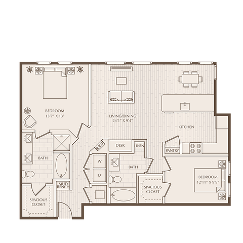 Modern 2D floor plan featuring 2 bedrooms, 2 baths, spacious living and dining area, and a sleek kitchen with a pantry.