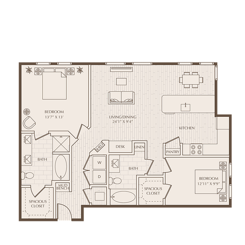 Modern 2D apartment floor plan featuring 2 spacious bedrooms, open living and dining area, and contemporary kitchen with pantry.