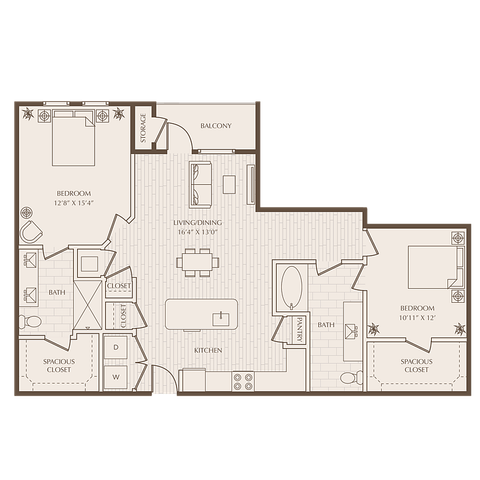 Modern 2D floor plan showcasing 2 spacious bedrooms, sleek open-concept kitchen, and inviting living-dining area with balcony.