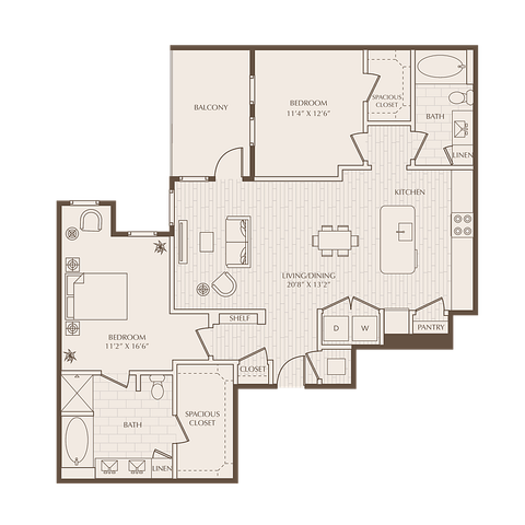 Elegant floor plan showcasing 2 bedrooms, balcony, spacious living/dining area, and modern kitchen. Includes 2 baths and ample storage space.