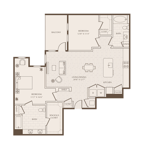 Modern floor plan showcasing 2 bedrooms, a spacious living and dining area, open kitchen, and two bathrooms with a charming balcony.