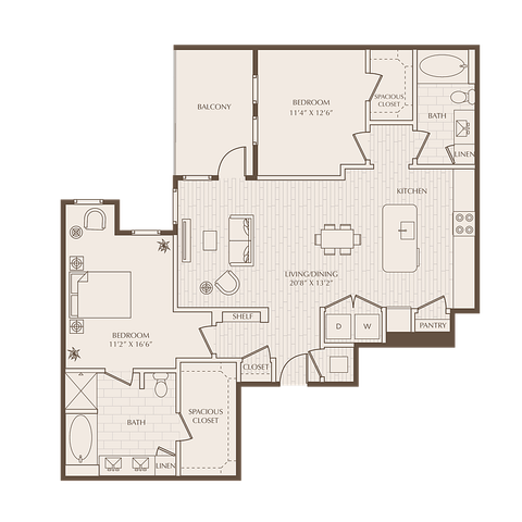 Elegant floor plan showcasing 2 spacious bedrooms, stylish living room, modern kitchen, and a cozy balcony.