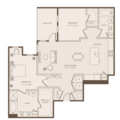 Elegant floor plan showcasing 2 bedrooms, 2 baths, spacious living/dining area, and modern kitchen with island, accompanied by a private balcony.