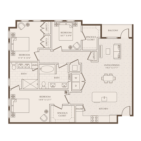 Elegant floor plan showcasing 3 bedrooms, open living and dining area, modern kitchen, and balcony for seamless indoor-outdoor living.