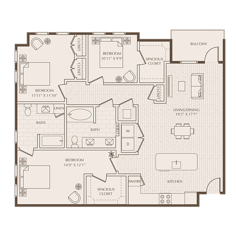Inviting floor plan with 3 spacious bedrooms, 2 elegant bathrooms, open living and dining area, modern kitchen, and cozy balcony.