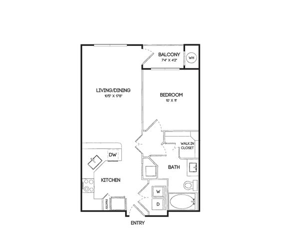 Modern 1-bedroom floor plan with open living and dining area, balcony, and walk-in closet.