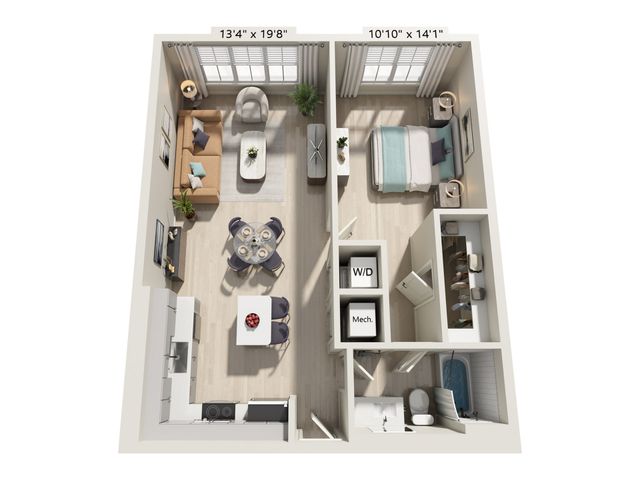 Chic 3D floor plan showcasing a spacious apartment with a bedroom, open-concept living and dining area, modern kitchen, and a stylish bathroom.