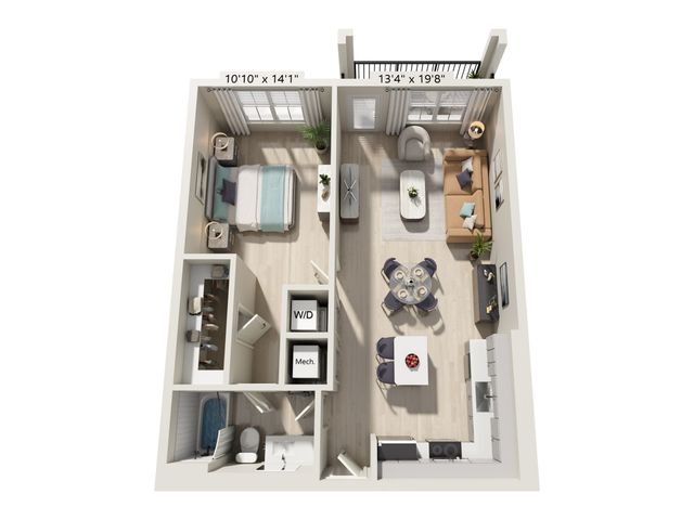 Modern 3D floor plan featuring 1 bedroom, stylish open living area, and sleek kitchen with dining space, perfect for contemporary living.