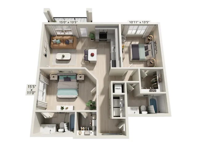 Modern apartment floor plan showcasing 2 bedrooms, a spacious living room, and a sleek kitchen, ideal for comfortable living.