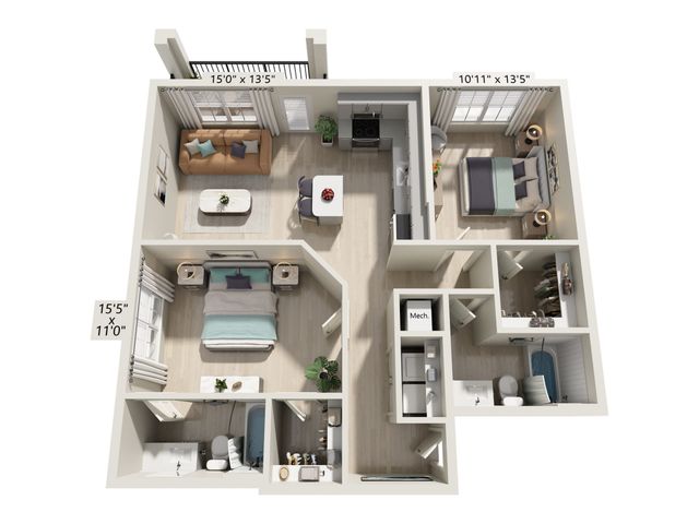 Modern 2-bedroom apartment floor plan featuring an open-concept living room and kitchen area, complete with a balcony and stylish design elements.