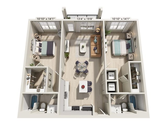 Modern apartment 3D floor plan featuring 2 spacious bedrooms, a stylish open-concept living-dining area, and a sleek kitchen design with natural light.