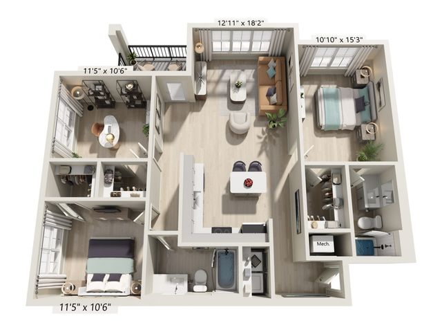 Inviting 3D floor plan showcasing a modern apartment with two cozy bedrooms, an elegant living area, a chic kitchen, and a charming balcony.