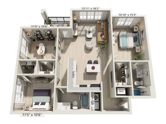 Contemporary 2D floor plan showcasing a spacious layout with two elegant bedrooms, a cozy living room, modern kitchen, and stylish dining area. Includes balcony with lush views.