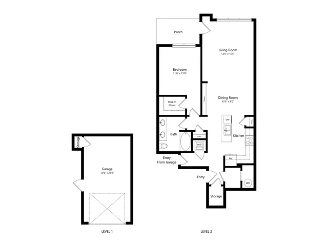 Modern two-level floor plan featuring a spacious garage with storage on level one and an inviting living space with one bedroom, a walk-in closet, dining area, and kitchen on level two, complete with porch access.