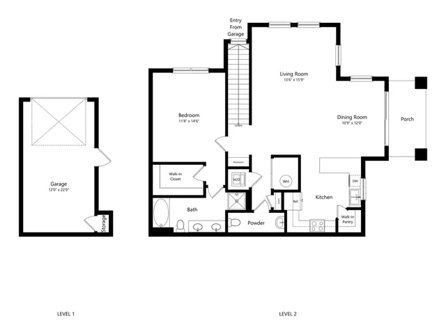 Elegant two-level floor plan featuring a spacious garage, comfortable living room, and a sophisticated dining area with a porch. Includes a modern kitchen with a walk-in pantry, a cozy bedroom with a walk-in closet, and a stylish bath. Perfect blend of function and style.