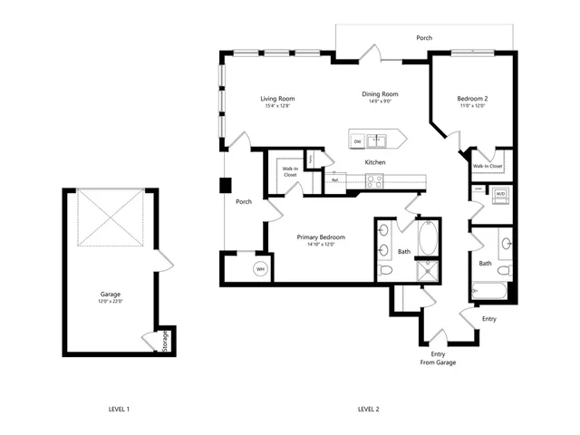 Elegant 2-level floor plan showcasing a spacious design with 2 bedrooms, a modern kitchen, dining and living rooms, along with a convenient garage and ample storage options.