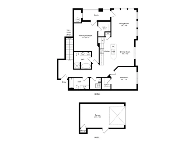 Modern two-level floor plan featuring 2 bedrooms, 2 baths, and spacious living and dining areas with natural light. Includes a sleek kitchen and porch, alongside a convenient garage with storage.