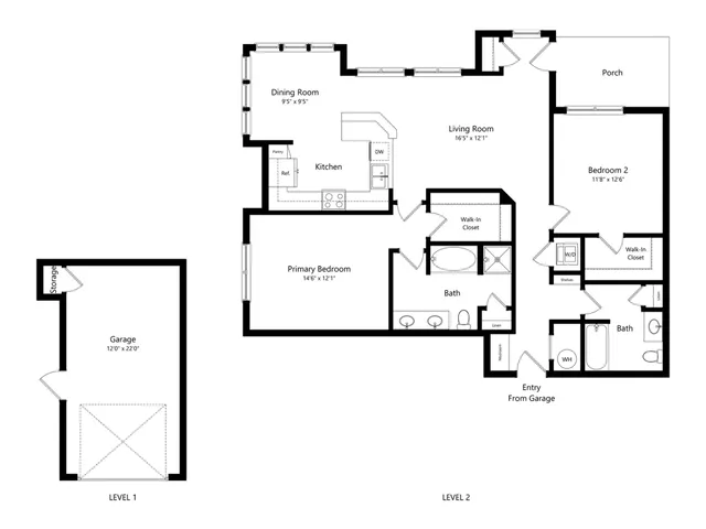 Elegant 2-story floor plan showcasing garage on Level 1 and an expansive Level 2 with 2 bedrooms, including primary bedroom with walk-in closet, a stylish kitchen, dining room, living room, and two bathrooms. Featuring a cozy porch and convenient garage access.