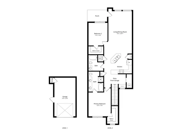 Inviting 2D floor plan featuring a two-level layout with 2 bedrooms, spacious living/dining room, modern kitchen, and convenient garage access.