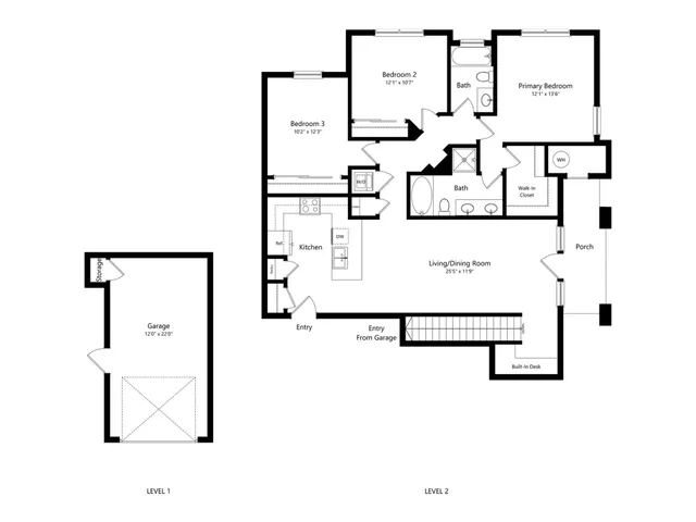 Modern two-level floor plan featuring 3 bedrooms, an open-concept living and dining area, a spacious kitchen, and attached garage.