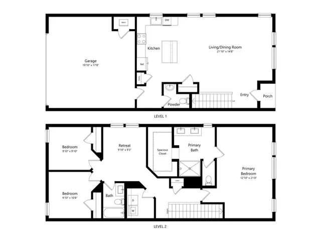 Inviting two-level floor plan showcasing a garage, modern kitchen with island, expansive living and dining area, and a powder room on Level 1; three cozy bedrooms, a retreat space, and a luxurious primary bath on Level 2.