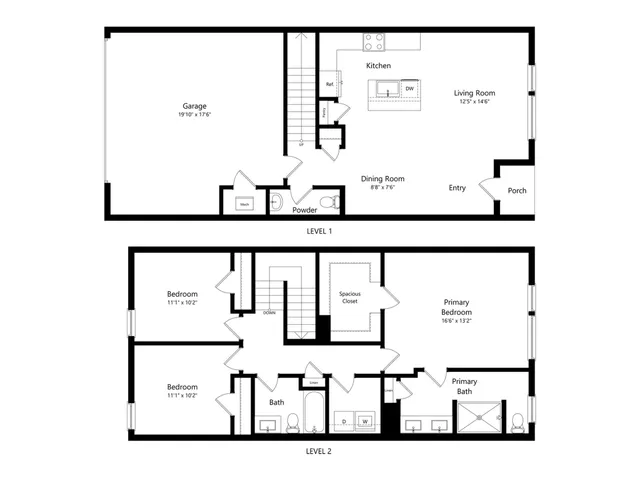 Modern two-level floor plan showcasing a spacious kitchen, living, and dining area with an attached garage on the first level, plus three bedrooms including a luxurious primary suite on the second level.