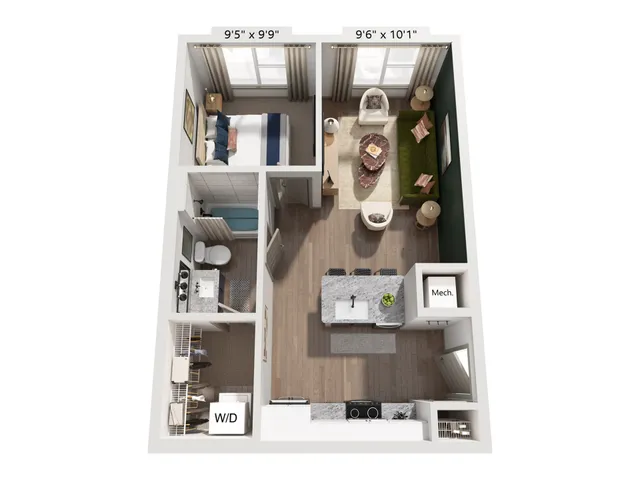 Modern apartment floor plan showcasing 1 bedroom, an inviting living area, sleek kitchen with island, and compact bathroom.