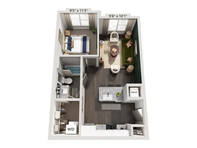 Chic apartment floor plan featuring 1 spacious bedroom, cozy living area, modern kitchen with island, and a sleek bathroom. Includes washer/dryer and mechanical room for convenience.