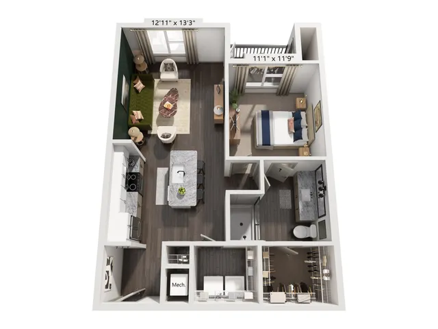 Contemporary floor plan showcasing 1 bedroom, inviting living area, sleek kitchen with island, and modern bathroom.