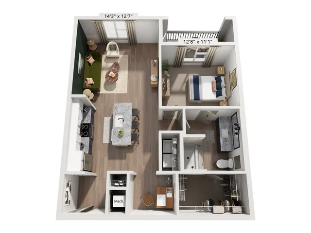 Modern floor plan showcasing a spacious 1-bedroom apartment with an open-concept living and kitchen area, stylish furnishings, full bathroom, and cozy workspace.