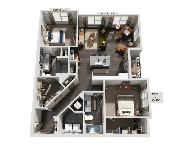 Modern 3D floor plan featuring 2 spacious bedrooms, open-concept living and dining area, stylish kitchen with island, and a well-appointed bathroom.