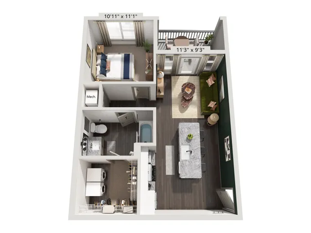 Chic 1-bedroom apartment floor plan showcasing an open-concept living area, modern kitchen, and cozy balcony.