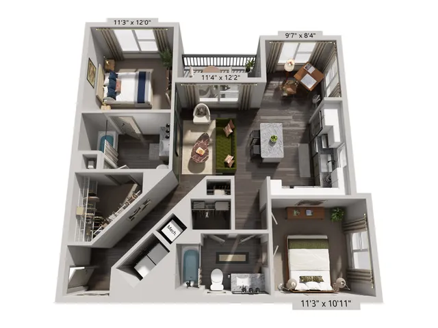 Modern 3D floor plan featuring two spacious bedrooms, a stylish open living area, and a sleek kitchen with a breakfast bar.