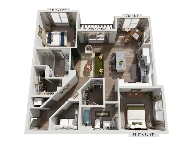 Modern 3D floor plan showcasing 2 bedrooms, open living area, stylish kitchen, and cozy dining space.