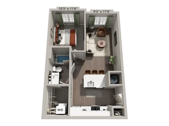 Modern 3D floor plan of a cozy one-bedroom apartment featuring an open living room, contemporary kitchen, and convenient in-unit laundry. Includes WiFi and fees.