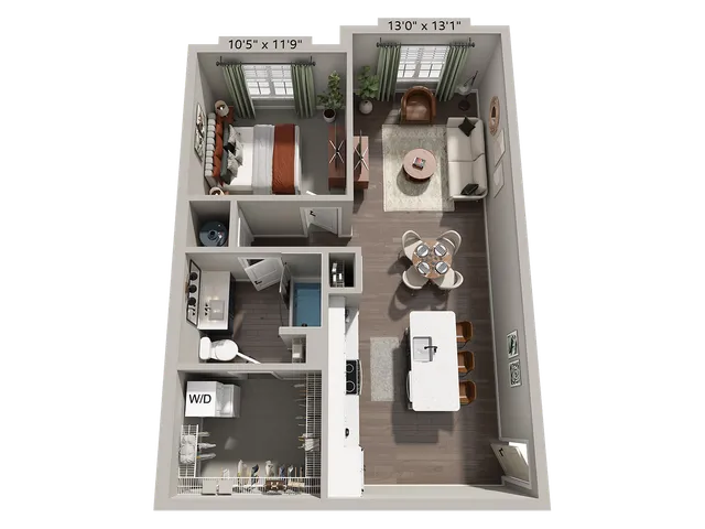 Modern 3D floor plan of a cozy one-bedroom apartment featuring an open living room, contemporary kitchen, and convenient in-unit laundry. Includes WiFi and fees.