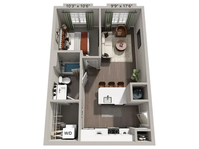Modern 3D floor plan of a cozy one-bedroom apartment featuring an open living room, contemporary kitchen, and convenient in-unit laundry. Includes WiFi and fees.