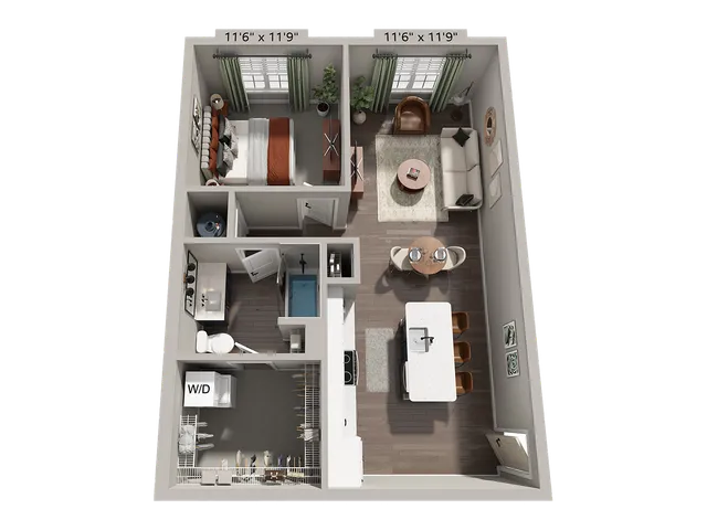 Modern 3D floor plan of a cozy one-bedroom apartment featuring an open living room, contemporary kitchen, and convenient in-unit laundry. Includes WiFi and fees.