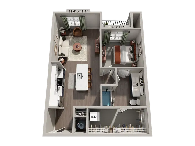 Modern 3D floor plan showcasing a spacious one-bedroom apartment with an open-layout living and kitchen area. Includes WiFi and fees, with dimensions highlighting comfortable living spaces.