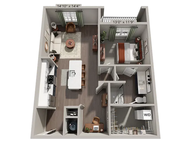 Modern apartment floor plan showcasing a spacious living room, elegant kitchen, cozy bedroom, and convenient laundry area, all with included WiFi and fees.