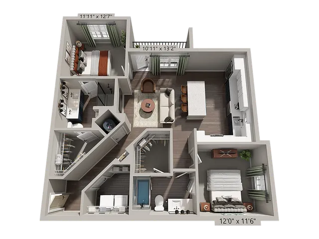 Contemporary 3D floor plan showcasing a two-bedroom apartment with a spacious living area, modern kitchen, and two bathrooms. Includes WiFi and fees.