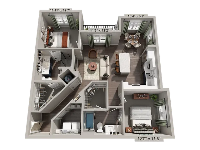 Chic 3D floor plan featuring 2 bedrooms, an inviting living room, modern kitchen with breakfast bar, and cozy dining area, all utilities included.