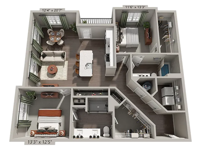 Modern 2-bedroom floor plan with open-concept living area and chic kitchen, featuring generous natural lighting. Includes WiFi and fees for a seamless living experience.