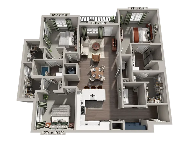 Elegant 3D floor plan showcasing 2 bedrooms, spacious living area, and modern kitchen. Includes WiFi and fees for convenience.