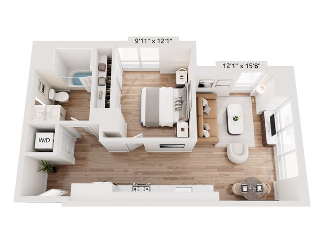 Chic single-bedroom apartment floor plan with modern living area, cozy bedroom, convenient kitchen, and elegant bathroom. Includes in-unit washer and dryer for added convenience.