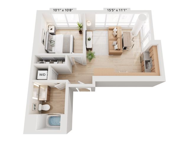 Modern one-bedroom apartment floor plan with an open-concept living room and kitchen. Features include a cozy bedroom, compact bathroom, and in-unit washer/dryer for convenience.