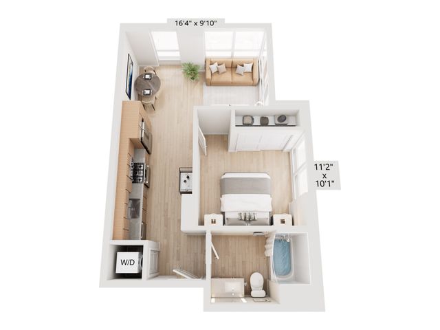 Modern 2D floor plan showcasing an open-concept living area with kitchen and dining, spacious bedroom, and sleek bathroom. Compact yet elegant design highlighted by natural light.